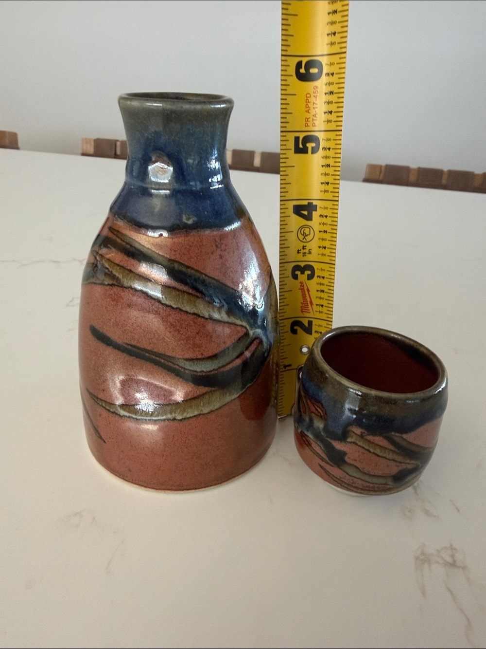 New Beautiful Handmade Ceramic Sake Set in Blue and Coral - Picture 14 of 14